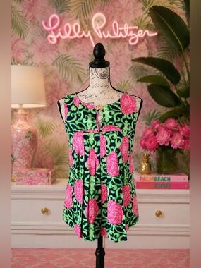 Lilly Pulitzer Private Property Tara Green Pink Floral 100% Silk Shell Top Sz 6